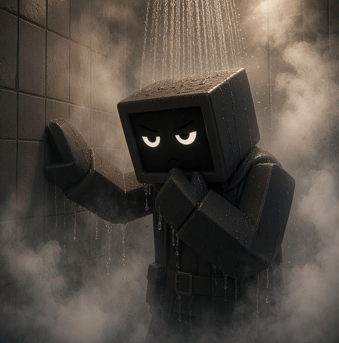 A grumpy black robot with a TV-screen head forlornly showers in a misty, tiled bathroom, embodying the steamy shower reflections and creative brainstorming mentioned in the post about generating "Machine" ideas for printer.fun.