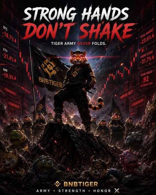 The poster features a man with tiger stripes standing against a dark red backdrop, holding a bull's eye flag or flagpole. The man appears to be a fighter, representing strength and determination. Below him, there are various images of other characters depicted in action, symbolizing market testing, fierce competition, and the unpredictable nature of investing. A text overlay on the poster states "STRONG HANDS DON'T SHARE Tiger Army (Fierce, Firm, Victory)". This suggests that this image is promoting a financial strategy or an investment approach related to markets and the importance of staying vigilant and firm in one's decisions during challenging times.