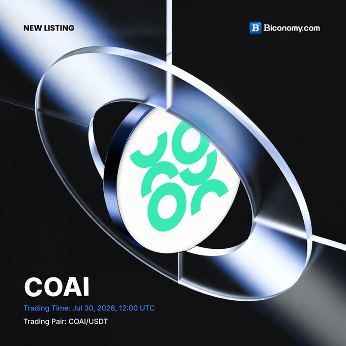 A promotional graphic for a new cryptocurrency listing on Biconomy.com, featuring the COAI token logo with the text 'NEW LISTING', 'Trading Time: Jul 30, 2026, 12:00 UTC', and 'Trading Pair: COAI/USDT'.