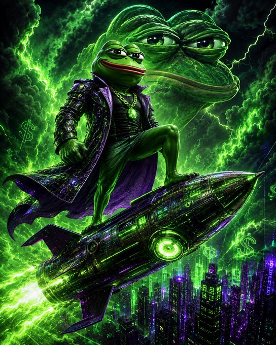 A digital illustration of a multi-faced Pepe the Frog character wearing a studded leather jacket and gold chain, standing atop a rocket with a dollar sign, surrounded by green lightning and dollar symbols above a cityscape.