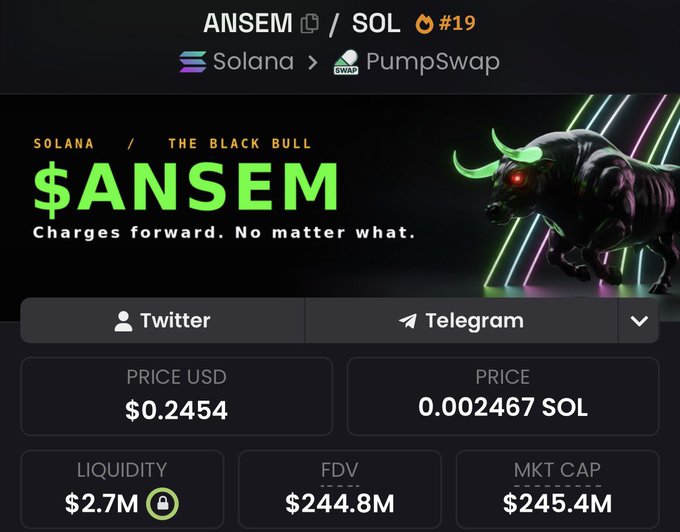 A cryptocurrency price page for $ANSEM token showing SOLANA branding with a black bull mascot, listing Price USD at $0.2454, Liquidity $2.7M, FDV $244.8M, and MKT CAP $245.4M.