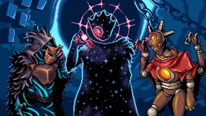 This pixel art image depicts a dark, mystical scene featuring three cosmic or otherworldly figures—a shadowy crowned entity with a glowing eye and starry body surrounded by a pink halo, flanked by two characters who appear to be in poses of awe or reverence, set against a blue background with chains. The eerie, fantasy-themed artwork ties into the post's promotion for a giveaway of 7 whitelist spots for the Fabled Chronicle NFT project, with the ethereal aesthetic suggesting the lore-driven nature of the collection.