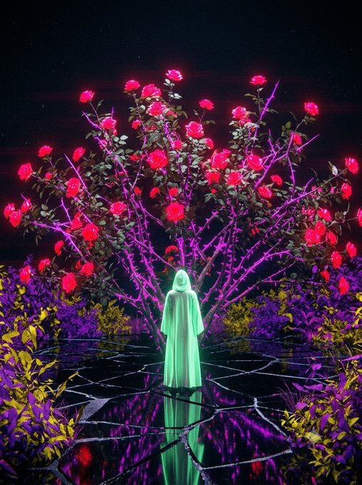 A glowing green hooded figure stands on a cracked reflective surface beneath a large bush of vibrant red roses with purple-lit branches at night.