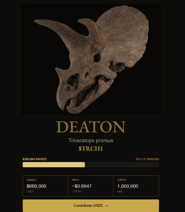 A cryptocurrency fundraising page for '$TRCH1' featuring a Triceratops skull, with the title 'DEATON', subtitle 'Triceratops prorsus', showing $300,664 raised (45% of $660,000 target), price ~$0.6947/TRCH1, and supply of 1,000,000.