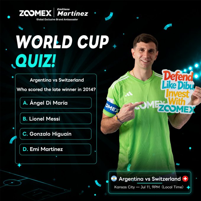 The image features a Zoomex-branded "World Cup Quiz" promotion starring Emiliano Martínez (labeled "Global Exclusive Brand Ambassador") in a green goalkeeper jersey, pointing at the tagline "Defend Like Dibu, Invest With ZOOMEX." The quiz question asks who scored Argentina's late winner against Switzerland in 2014, with answer choices: A. Ángel Di María, B. Lionel Messi, C. Gonzalo Higuaín, or D. Emi Martínez, while a match banner notes Argentina vs Switzerland in Kansas City on July 11 at 9 PM.