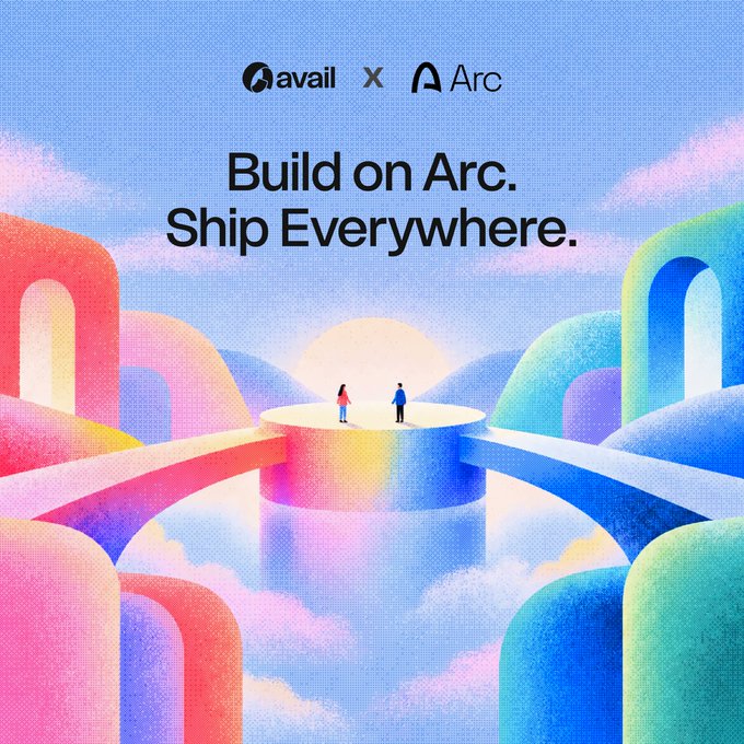 A promotional graphic from Avail and Arc with the text 'Build on Arc. Ship Everywhere,' featuring a colorful pastel illustration of two people standing on a platform connected by bridges.