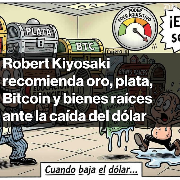 A Spanish-language cartoon showing treasure chests labeled 'PLATA' and 'BTC' with a purchasing power gauge dropping, captioned 'Robert Kiyosaki recomienda oro, plata, Bitcoin y bienes raíces ante la caída del dólar' and 'Cuando baja el dólar...'