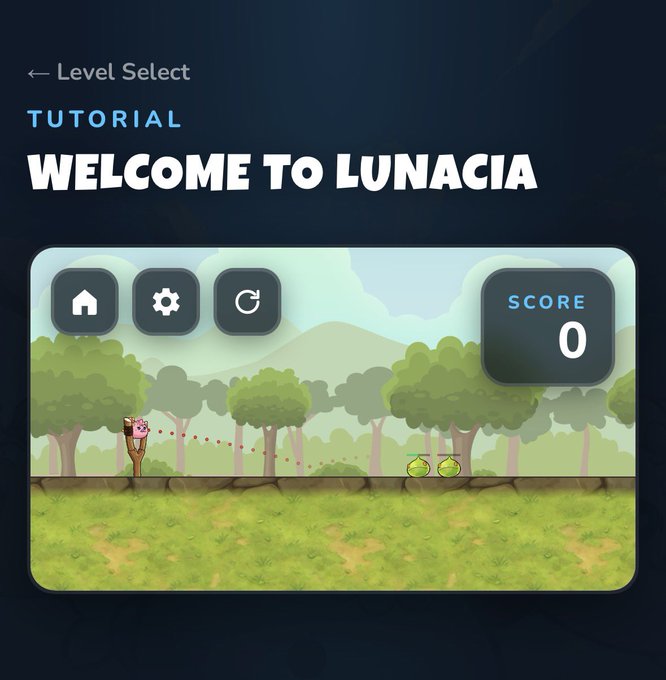 A mobile game tutorial screen titled "WELCOME TO LUNACIA" showing a level select interface with a forest scene, slingshot, and green enemies, with a score of 0.