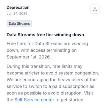 An announcement titled 'Depreciation' regarding 'Data Streams free tier winding down', with access terminating on September 1st, 2026.