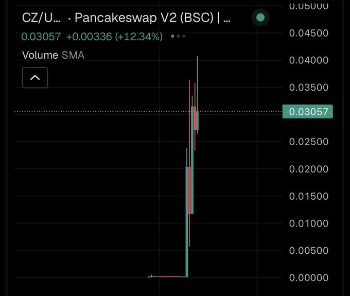 A candlestick chart of CZ/U.SD on Pancakeswap V2 (BSC) shows a dramatic price surge from near 0.00000 to 0.03057, with a high spike reaching around 0.04000 and a notable +12.34% change displayed at the top, visually confirming the poster's prediction that the BSC ecosystem was about to explode following activity in $SOL and $TON ecosystems.