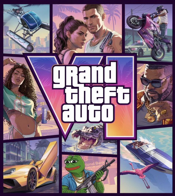 The image features a cartoon-like scene with various characters, including a man holding a gun, a woman wearing sunglasses, and a green frog. There are also several cars and buildings visible in the background. The main focus of the image is on the word "Grand Theft Auto V" written in white letters at the bottom center.