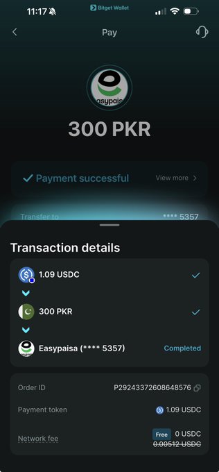 A screenshot of a Bitget Wallet payment screen showing a successful 300 PKR transaction to Easypaisa (****5357), with 1.09 USDC converted at a network fee of 0.00512 USDC, demonstrating a fast crypto-to-local-e-wallet offramp with no P2P counterparty risk.