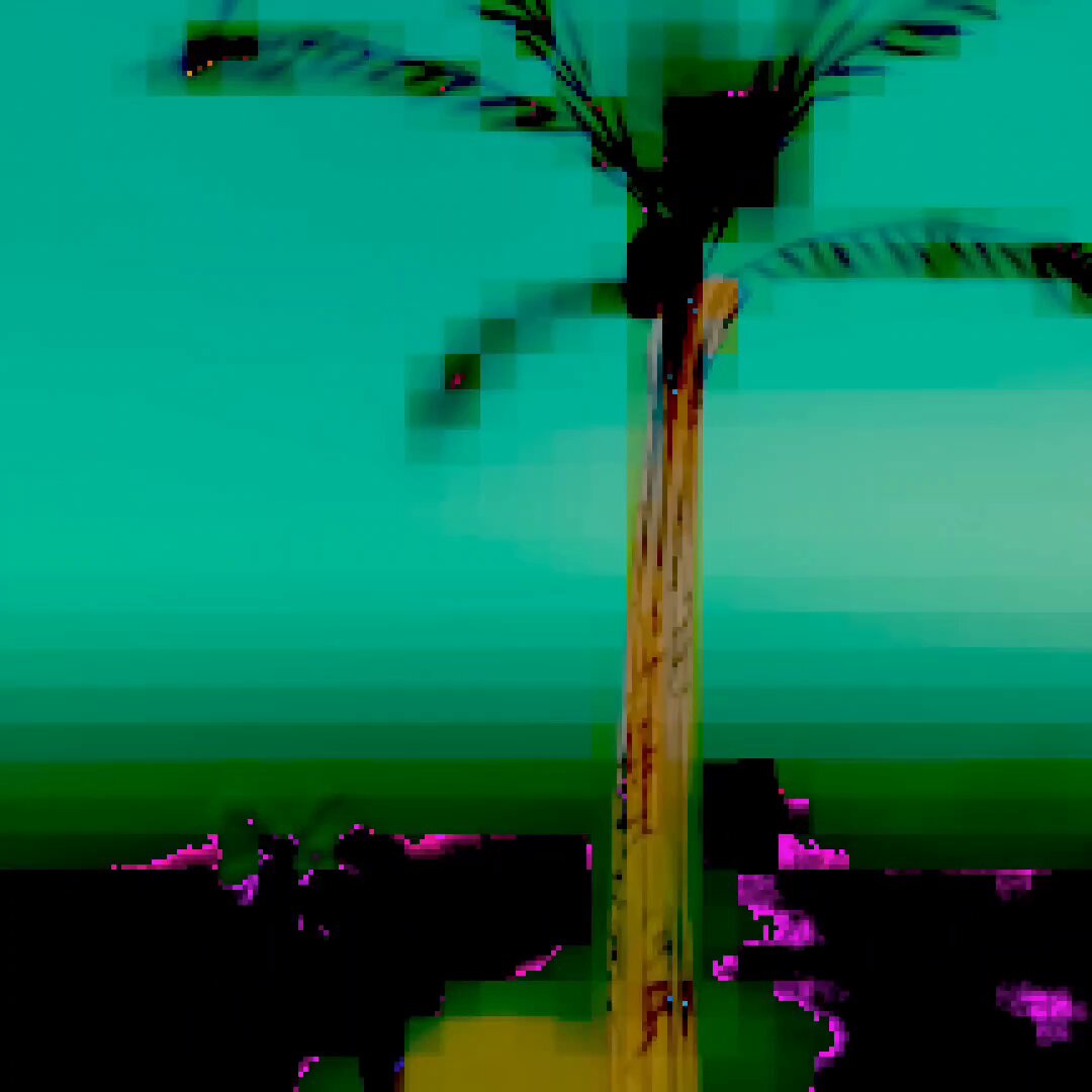 The image features a tall palm tree with a green trunk, standing against a blue sky background. The photo has been edited or photoshopped, giving it a pinkish hue that makes it appear as if someone has applied filters to enhance its visual appeal. The caption below the image reads "Ge lovers! 7 minted 9 days left 1.5 Tez". This message is likely meant to be humorous and playful, given the unusual coloration of the photo.