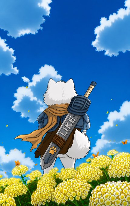 An illustration of a white, dog-like warrior viewed from behind, wearing a brown cape and carrying a large sword on its back inscribed with the word 'LIKE', standing in a field of yellow flowers under a blue sky.