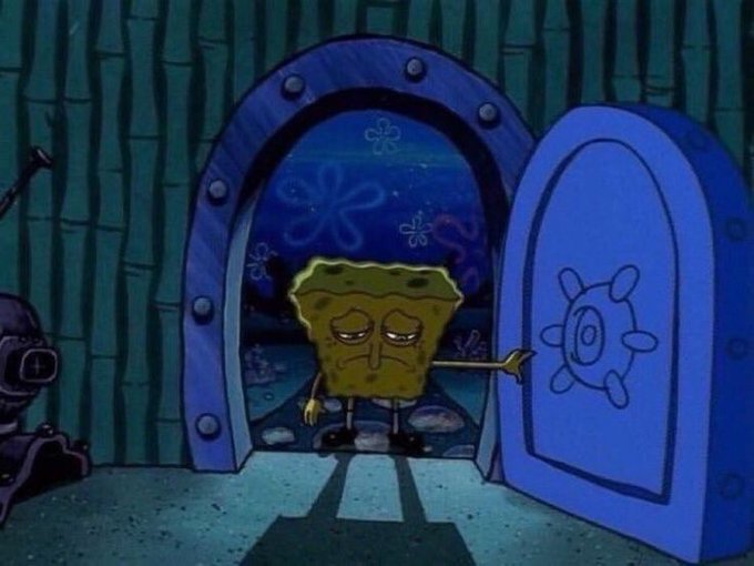 A sad-looking SpongeBob SquarePants stands in a doorway, reaching out to close a door with a circular design, from an episode of the animated show.