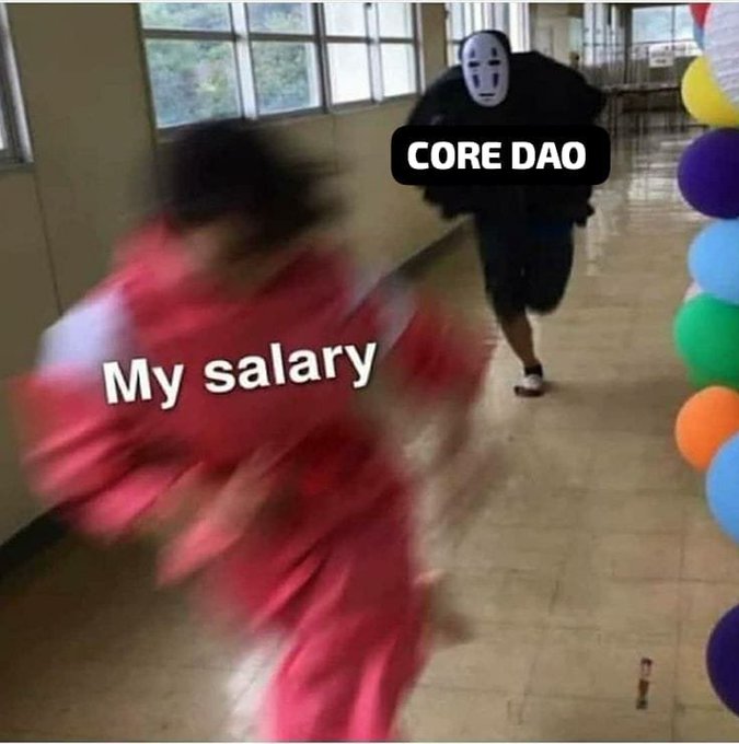 The image is a humorous meme depicting a classic chase scene from the movie "The Karate Kid," with Mr. Miyagi and the antagonist running down a hallway. Mr. Miyagi, representing "My salary," is in a blur of motion, suggesting urgency and speed, while the pursuer, labeled "CORE DAO," appears more focused on the chase, referencing the tweet from Rich Rines addressed to the CORE DAO community. The meme humorously comments on the chase for building impactful projects in the future, akin to the chase scene's pursuit of victory.