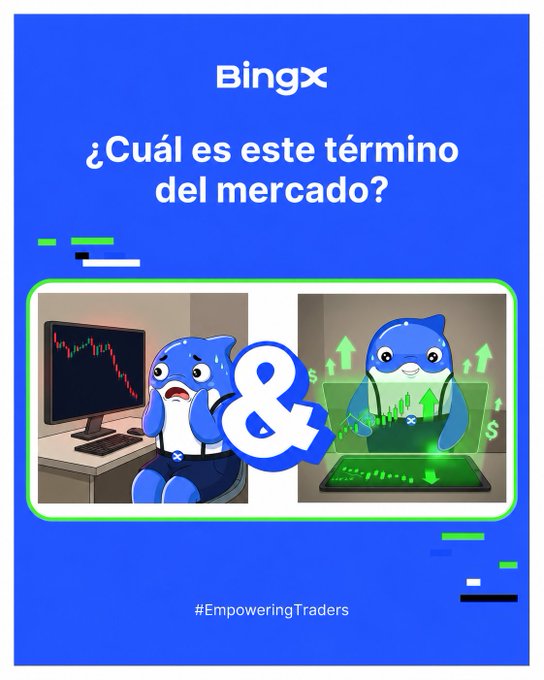 A BingX promotional graphic in Spanish asking '¿Cuál es este término del mercado?' (What is this market term?), contrasting a worried dolphin mascot with a downward chart and a happy dolphin with a rising green chart.