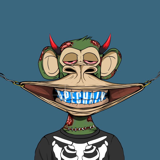 A cartoon illustration of a zombie monkey in a skull shirt with its mouth unzipped to reveal sparkling teeth.