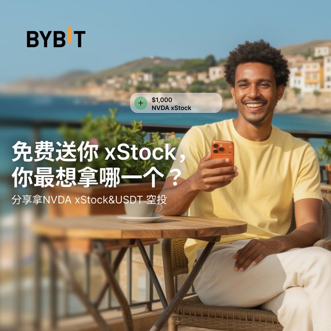 The image features a man sitting at a table with his cell phone held up next to him. The text displayed on the screen reads "Bybit x Stock?," which seems to be an advertisement for a stock trading app or service. The man is smiling, indicating that he might be interested in using the app or has had success with it in the past.