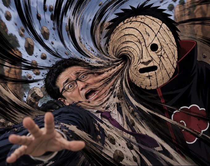 A stylized anime illustration showing a screaming man with glasses being pulled into the eye of a masked figure in a black cloak with red clouds, reminiscent of the Tobi/Obito character from Naruto.