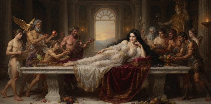 A classical painting depicting a reclining woman in a flowing white gown surrounded by gods, angels, and mythological figures in a grand architectural setting.