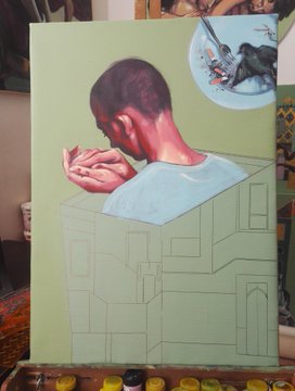 The image features a painting of a man with glasses, who appears to be looking at a bird inside a green cube. The painting has been completed and is ready for display or sale. The artist's signature can also be seen in the bottom right corner of the artwork.