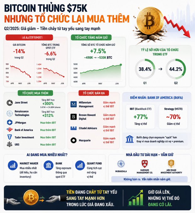 A Vietnamese-language infographic titled 'BITCOIN THỦNG $75K NHƯNG TỔ CHỨC LẠI MUA THÊM' showing Q2/2025 data: Bitcoin down 14%, ETF BTC down 6.6%, while institutional BTC holdings rose 7.5%; institutions buying include Jane Street (+300%), Renaissance Technologies (+312%), JPMorgan, BoA, Tudor, UBS, with sellers Millennium, Brevan Howard, Citadel, and Macquarie noted.