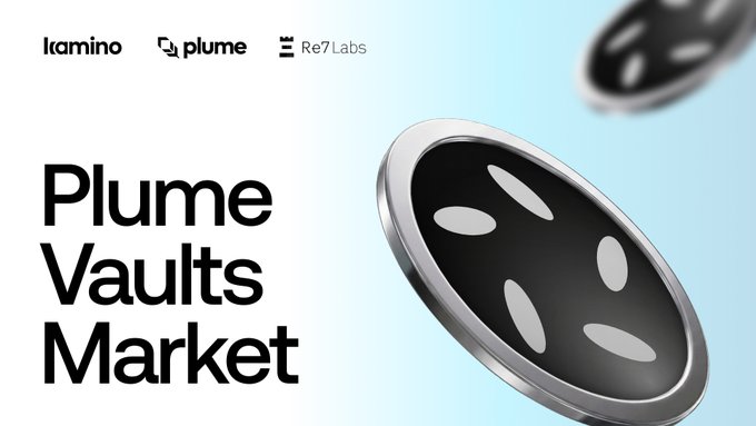 The image is a promotional graphic featuring the bold text "Plume Vaults Market" alongside three logos at the top: Kamino, Plume, and Re7Labs. A sleek 3D-rendered coin with a metallic silver edge and black face decorated with white dots is displayed prominently against a light blue gradient background, visually representing the launch announcement of nOPAL being usable as collateral for USDC liquidity through Kamino's credit market.