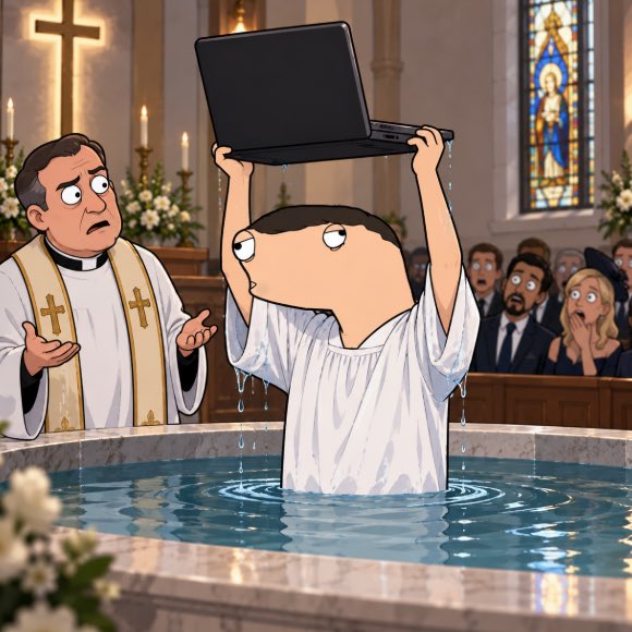Animated scene of a priest and congregation looking on in shock as a boy in a baptismal font holds a black laptop over his head, dripping with water.