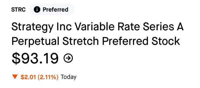 The image shows a screenshot of an STRC screen. A list is displayed, containing information about Strategy Inc's variable rate preferred stock. The first item on the list indicates that the stock's perceived stretch preference has been chosen as it is a speculative option. The second item displays the price of the preferred stock at $93.19, and the third item states that this price was obtained in December. The last few items provide more details about the current stock pricing and the time frame within which to consider the investment.