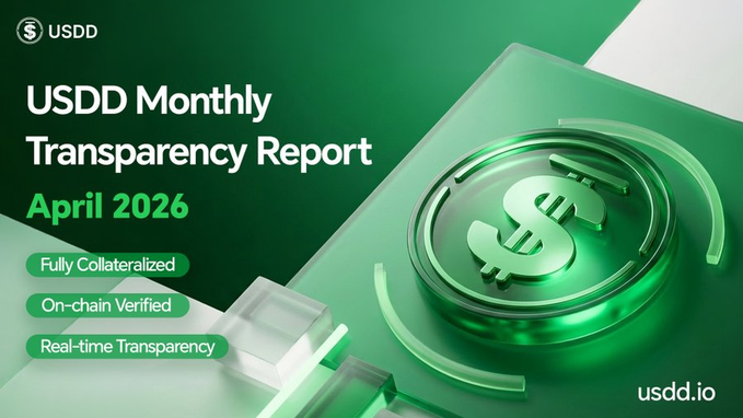 The image features a green dollar sign with the text "USDD Monthly Transparency Report April 2016" written below it. The report highlights the achievements of the USDD ecosystem, specifically focusing on the growth and innovation within the decentralized finance space.