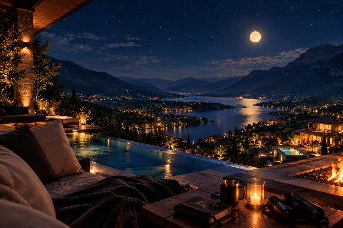 A nighttime view from a luxurious terrace featuring an infinity pool overlooking a glowing lake and town nestled between mountains under a bright full moon.