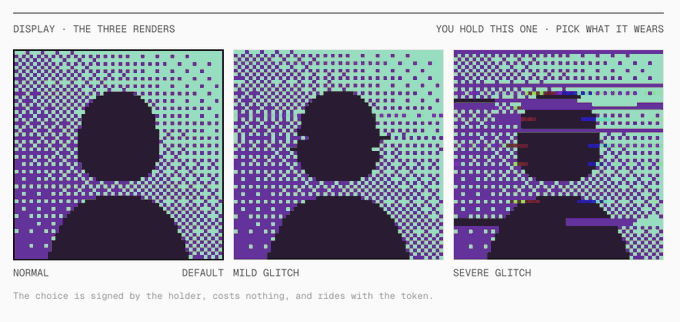 The image displays three glitch rendering options labeled "NORMAL - DEFAULT," "MILD GLITCH," and "SEVERE GLITCH," each showing the same purple silhouette figure with progressively more distorted pixelated patterns against a checkered purple and mint background. The header text reads "DISPLAY · THE THREE RENDERS" and "YOU HOLD THIS ONE · PICK WHAT IT WEARS," with a footer noting "The choice is signed by the holder, costs nothing, and rides with the token." This visual directly illustrates the post's announcement that users can now choose between default, mild, or severe glitch variants for their Max Extractor NFT.