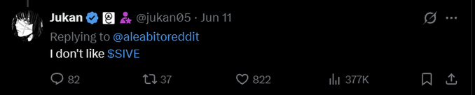 A screenshot of a tweet from user @jukan05 dated June 11 replying to @aleabitoreddit that reads "I don't like $SIVE," with 82 replies, 37 retweets, 822 likes, and 377K views, directly contradicting the poster's bullish outlook on the $SIVE ticker by dismissing the very trade being promoted.