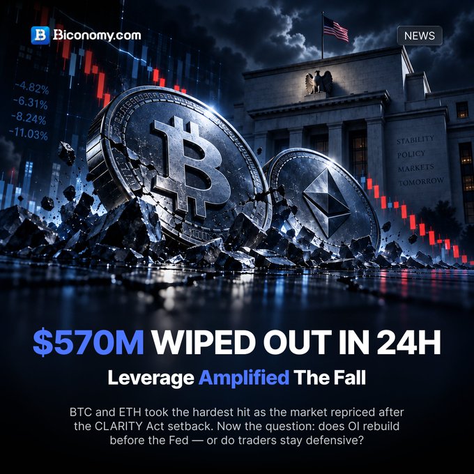 A dramatic cryptocurrency news graphic from Bconomy.com showing shattered Bitcoin and Ethereum coins in front of the Federal Reserve, with text reading '$570M WIPED OUT IN 24H - Leverage Amplified The Fall' and noting BTC and ETH took the hardest hit after the CLARITY Act setback.