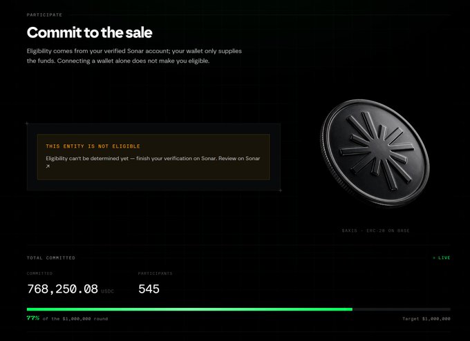 A cryptocurrency sale page titled 'Commit to the sale' shows 'THIS ENTITY IS NOT ELIGIBLE' with a message about Sonar verification, displaying a total committed of 768,250.08 USDC from 545 participants at 77% of the $1,000,000 round target.