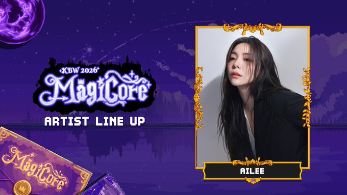 A promotional graphic for 'KBW 2026 MagiCore' featuring an artist lineup photo of a woman named 'AILEE' against a purple fantasy background.