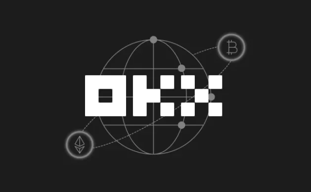 A black background displays a white 'OKX' logo overlaid on a wireframe globe, flanked by Bitcoin (₿) and Ethereum (Ξ) cryptocurrency icons.
