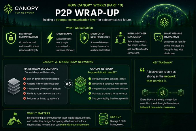 An infographic titled 'HOW CANOPY WORKS (PART 10) - P2P WRAP-UP' comparing Canopy Network to mainstream blockchains across encrypted communication, multiplexing, DDoS protection, peer management, and message propagation, highlighting key takeaway: 'A blockchain is only as strong as the network that carries it.'