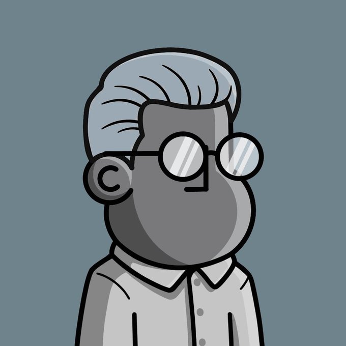The image features a cartoon character wearing glasses and a shirt, standing against a blue background. The character appears to be a man with gray hair, giving him an older appearance. There are no texts or other objects present in the image.