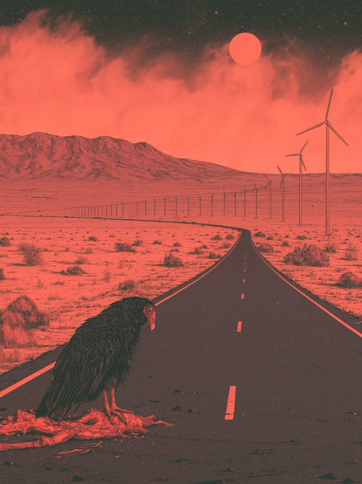 A red-tinted surreal illustration shows a vulture perched on a carcass beside an empty desert road, with wind turbines, a blood moon, and starry sky in the background.
