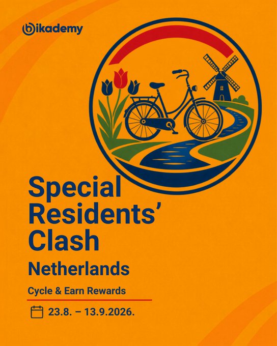 An orange promotional poster from 'ikademy' advertises a 'Special Residents' Clash' event in the Netherlands from 23.8. – 13.9.2026, featuring an illustration of a bicycle, tulips, and a windmill.