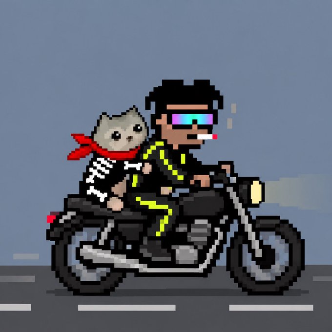A pixel art image showing a bearded man wearing neon sunglasses riding a motorcycle with a small cat passenger wearing a red bandana.