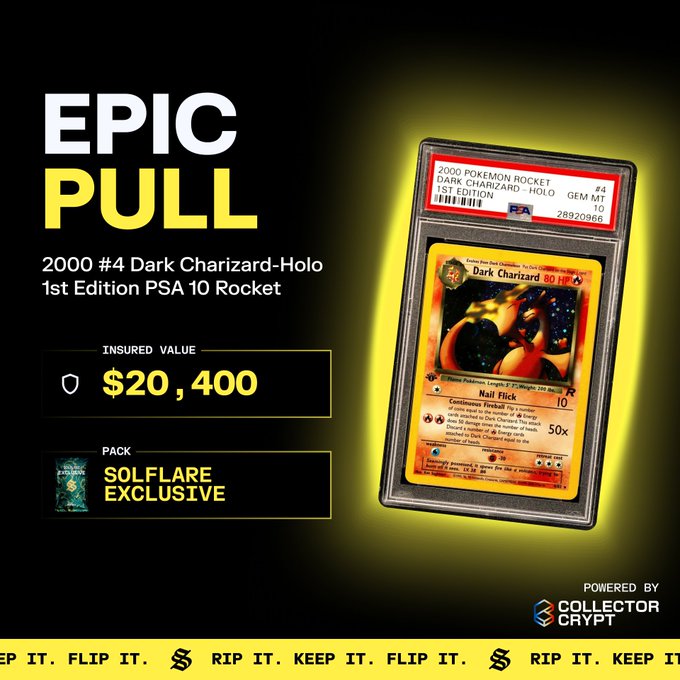 The image showcases an "EPIC PULL" featuring a graded 2000 Pokémon Rocket Dark Charizard-Holo 1st Edition card #4 in a PSA 10 Gem Mint slab, insured for $20,400 from a Solflare Exclusive pack. The promotional graphic highlights this incredible Solflare pack pull, celebrating the lucky winner who walked away with this highly valuable and iconic Pokémon card.