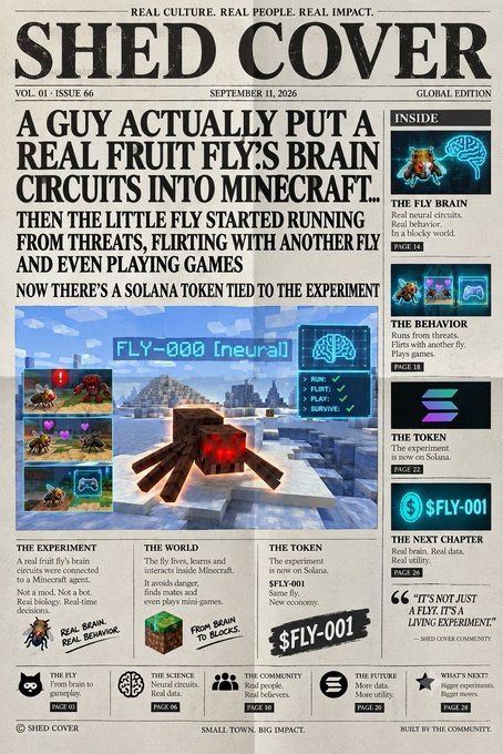 A digital newspaper front page for 'SHED COVER' dated September 11, 2026, featuring the headline 'A GUY ACTUALLY PUT A REAL FRUIT FLY'S BRAIN CIRCUITS INTO MINECRAFT' with a central image of a Minecraft spider labelled 'FLY-000 (neural)'.