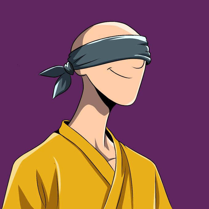 An anime-style illustration of a bald figure in a yellow martial arts gi wearing a gray blindfold against a purple background, smiling slightly.