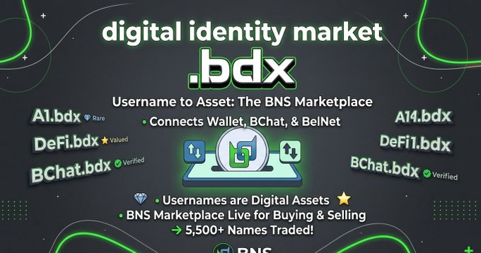 A promotional graphic for a 'digital identity market' called '.bdx', listing usernames like 'AI.bdx', 'DeFi.bdx', and 'BChat.bdx' with descriptions of the BNS Marketplace.