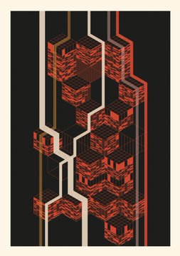 A geometric digital artwork featuring red and black 3D isometric cube structures connected by white angular lines against a black background.