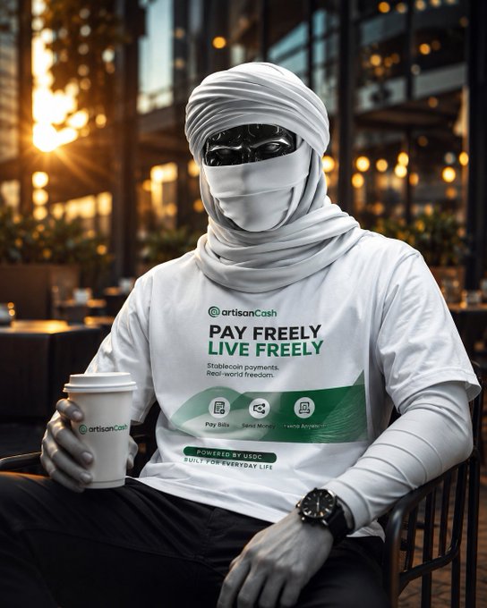 A promotional image features a person wearing a white turban, face covering, and sunglasses, dressed in a white t-shirt advertising 'artisanCash' with the slogans 'PAY FREELY LIVE FREELY' and 'POWERED BY USDC'.