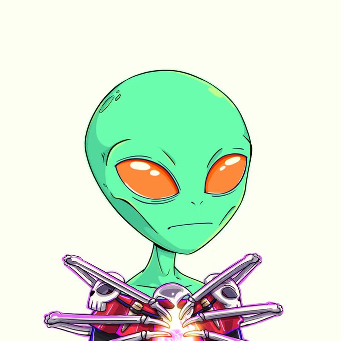 A cartoonish green alien with large orange eyes and a thin-lipped expression stands in a chibi art style, with metallic claw-like hands clasped together in front of its chest. The image serves as the visual centerpiece for a crypto/NFT post promoting the Micros NFT collection on Solana, where the alien's striking, collectible appearance embodies the "beauty" the author is showcasing as a smart buy at current floor prices.
